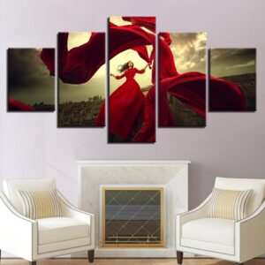 Red Dress Girl Pictures Dancing Skirt In The Wind - Abstract 5 Panel Canvas Art Wall Decor