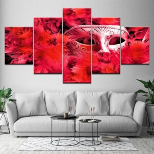 Red Feather Mask - Abstract 5 Panel Canvas Art Wall Decor
