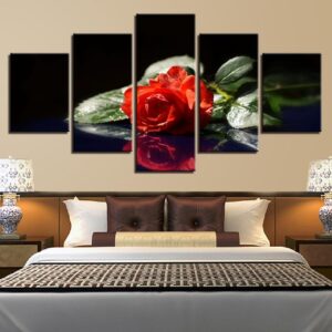 Red Flower Green Leaf Still Life - Nature 5 Panel Canvas Art Wall Decor