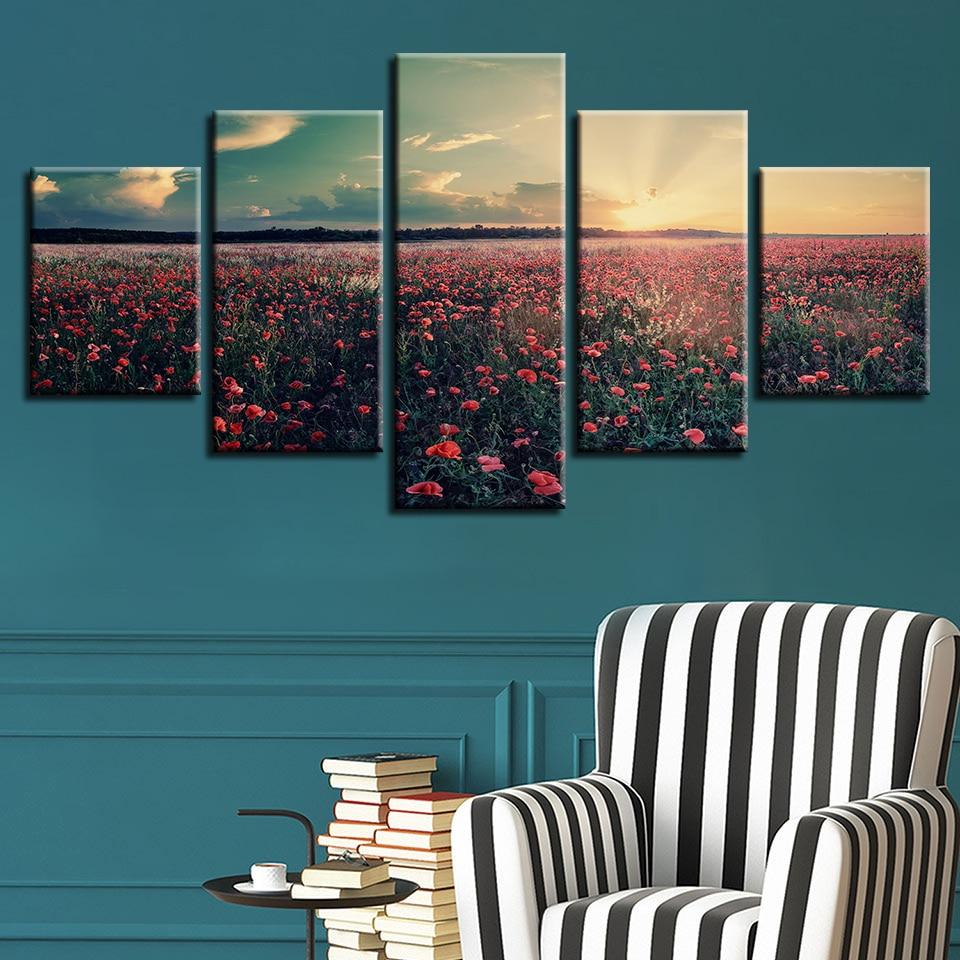Red Flower Sunshine - Nature 5 Panel Canvas Art Wall Decor Red Flower Sunshine - Nature 5 Panel Canvas Art Wall Decor