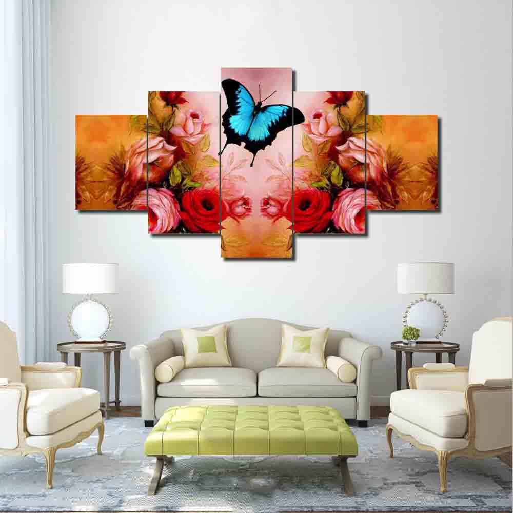 Red Flowers And Butterfly - Nature 5 Panel Canvas Art Wall Decor Red Flowers And Butterfly - Nature 5 Panel Canvas Art Wall Decor