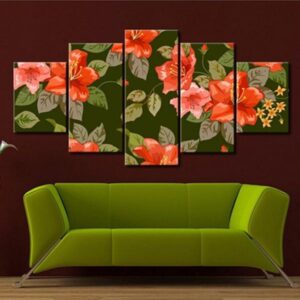 Red Flowers Green Leaves - Nature 5 Panel Canvas Art Wall Decor