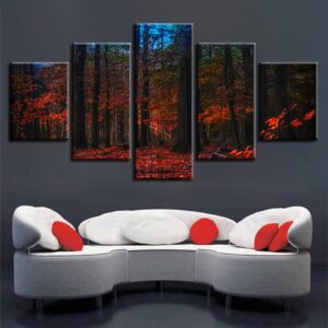 Red Forest Night View - Nature 5 Panel Canvas Art Wall Decor