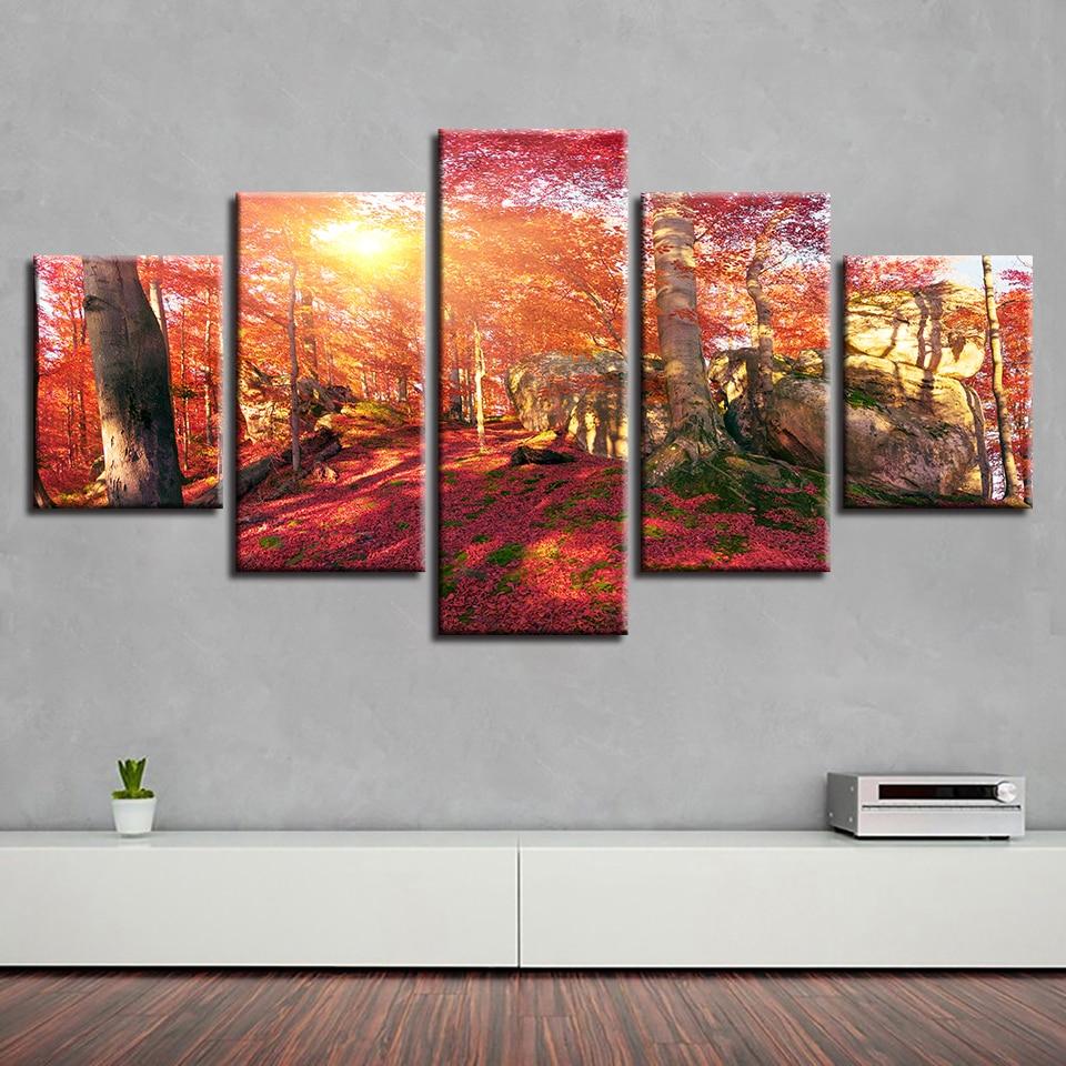 Red Forest Sunshine 1 - Nature 5 Panel Canvas Art Wall Decor Red Forest Sunshine 1 - Nature 5 Panel Canvas Art Wall Decor