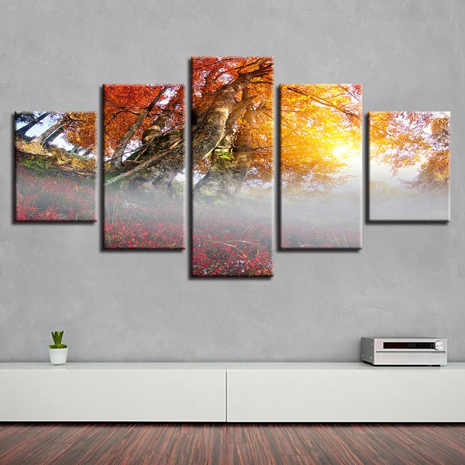 Red Forest Sunshine 2 - Nature 5 Panel Canvas Art Wall Decor Red Forest Sunshine 2 - Nature 5 Panel Canvas Art Wall Decor