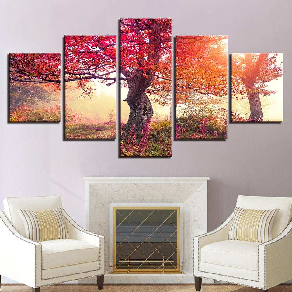 Red Forest Sunshine - Nature 5 Panel Canvas Art Wall Decor Red Forest Sunshine - Nature 5 Panel Canvas Art Wall Decor