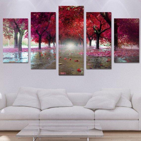 Red Forest Tunnel - Nature 5 Panel Canvas Art Wall Decor Red Forest Tunnel - Nature 5 Panel Canvas Art Wall Decor