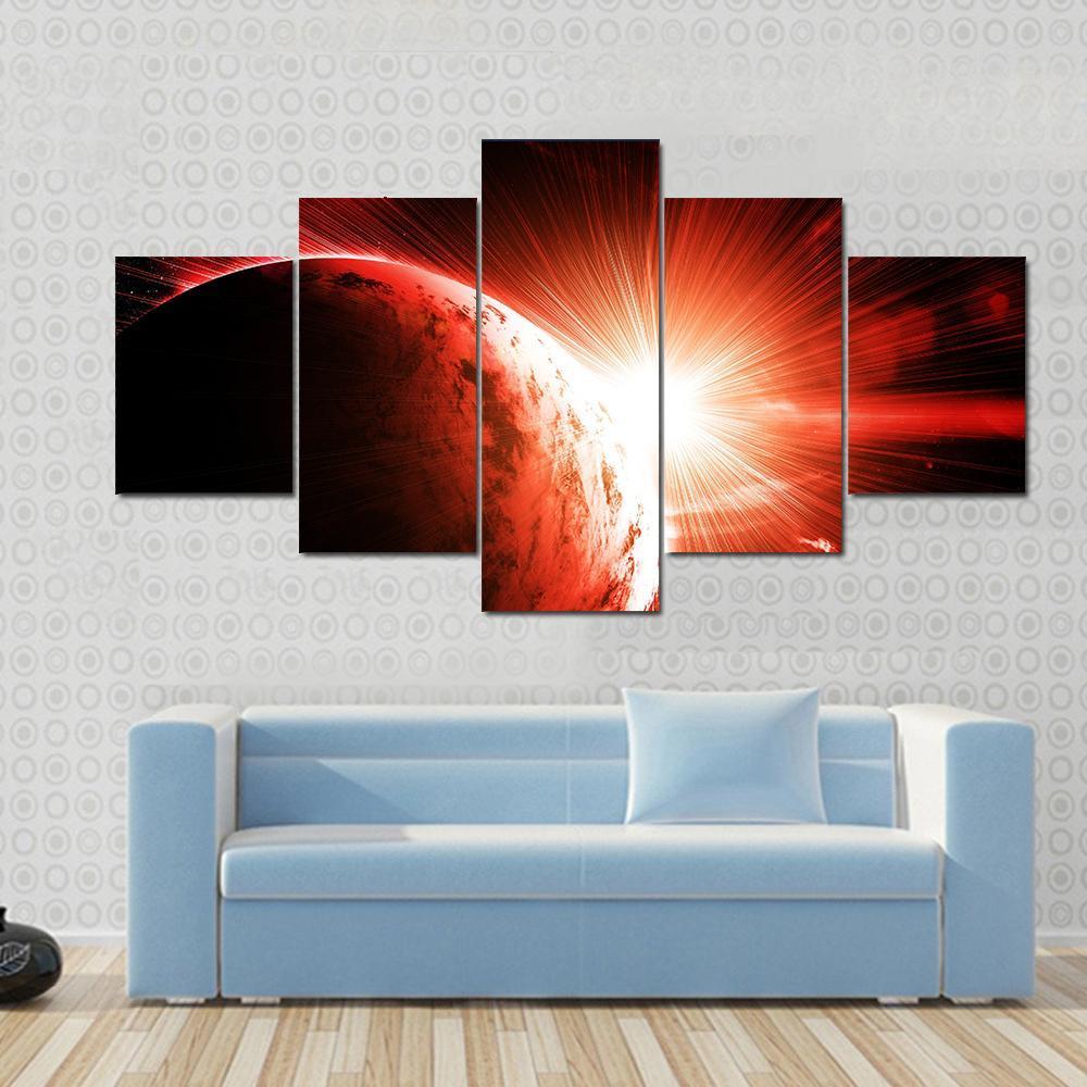 Red Gasy Planet With Its Star - Space 5 Panel Canvas Art Wall Decor Red Gasy Planet With Its Star - Space 5 Panel Canvas Art Wall Decor