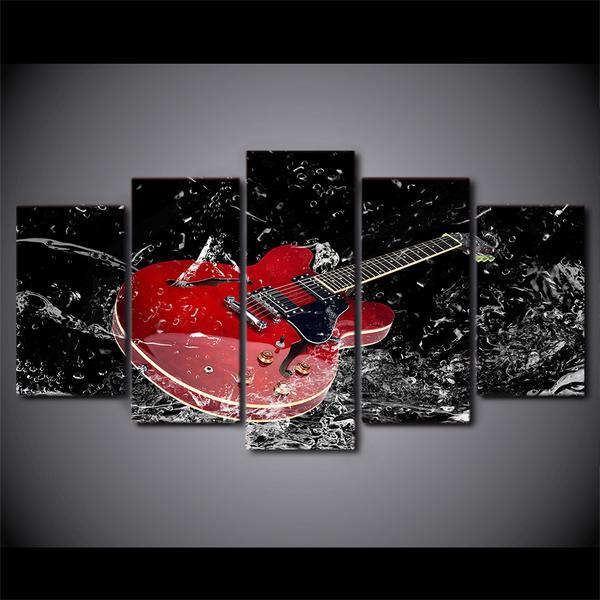 Red Guitar Splash - Music 5 Panel Canvas Art Wall Decor Red Guitar Splash - Music 5 Panel Canvas Art Wall Decor
