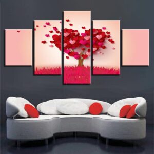 Red Heart Shape Trees - Abstract 5 Panel Canvas Art Wall Decor
