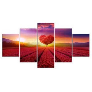 Red Heart Tree flower - Nature 5 Panel Canvas Art Wall Decor