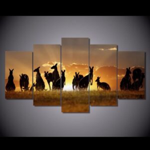 Red Kangaroos Sunset - Animal 5 Panel Canvas Art Wall Decor
