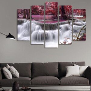 Red Leaves In Waterfall - Nature 5 Panel Canvas Art Wall Decor