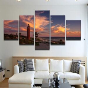 Red Lighthouse On Sandy Beach At Sunset - Nature 5 Panel Canvas Art Wall Decor
