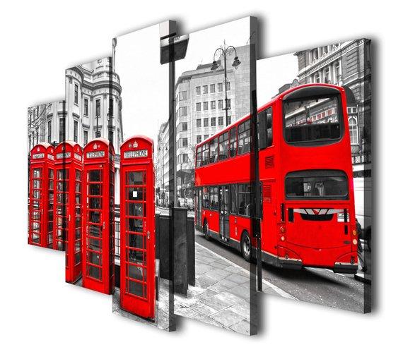 Red London Bus - Automative 5 Panel Canvas Art Wall Decor Red London Bus - Automative 5 Panel Canvas Art Wall Decor