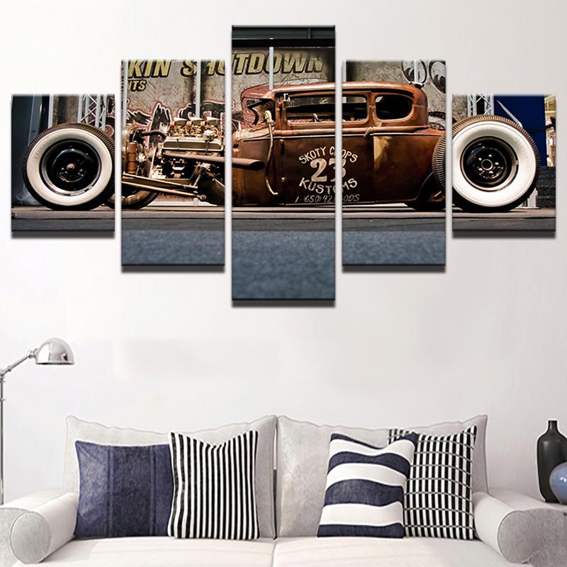 Red Old Vintage Car - Automative 5 Panel Canvas Art Wall Decor Red Old Vintage Car - Automative 5 Panel Canvas Art Wall Decor