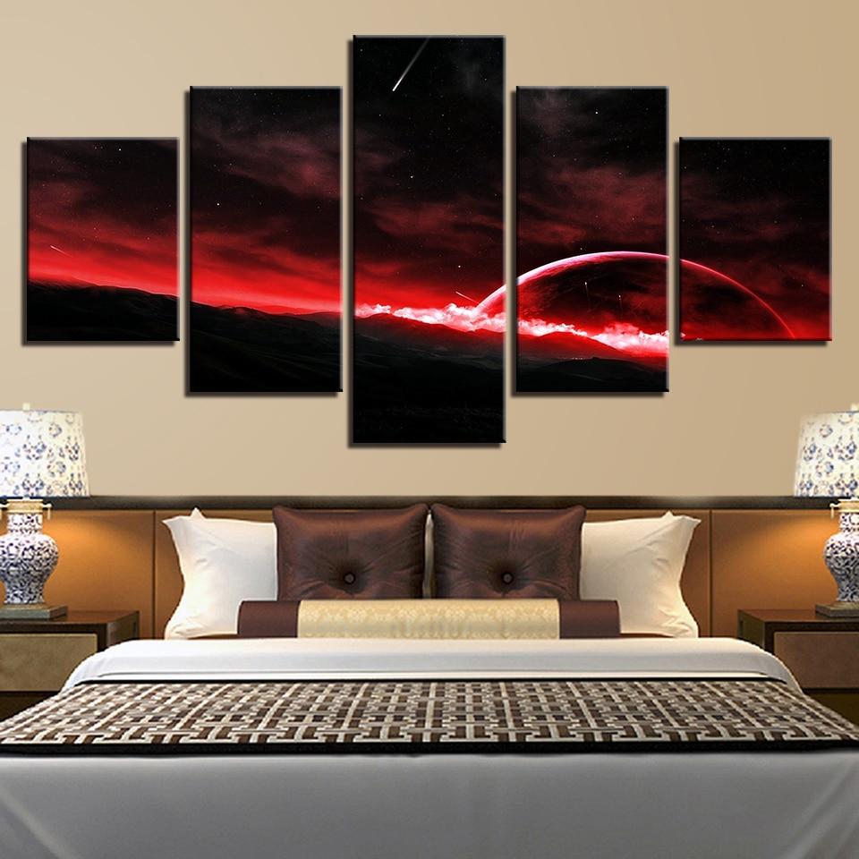 Red Planets And Meteor - Space 5 Panel Canvas Art Wall Decor Red Planets And Meteor - Space 5 Panel Canvas Art Wall Decor