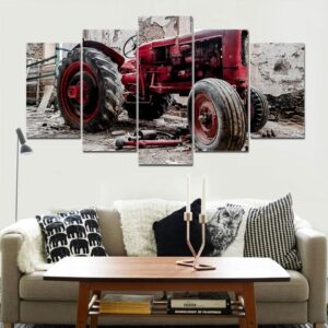 Red Retro Tractor - Automative 5 Panel Canvas Art Wall Decor