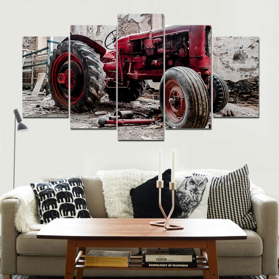 Red Retro Tractor - Automative 5 Panel Canvas Art Wall Decor Red Retro Tractor - Automative 5 Panel Canvas Art Wall Decor