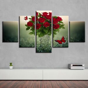 Red Rose Flower 06 - Nature 5 Panel Canvas Art Wall Decor