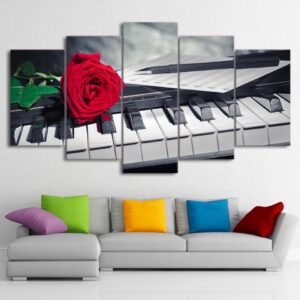 Red Rose Flowers And Piano - Music 5 Panel Canvas Art Wall Decor