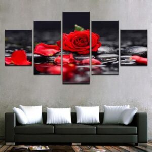 Red Rose In The Water - Nature 5 Panel Canvas Art Wall Decor
