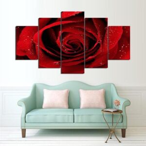 Red Rose With Dew Drops - Nature 5 Panel Canvas Art Wall Decor