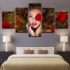 Red Roses Girl Beautiful Woman - Abstract 5 Panel Canvas Art Wall Decor