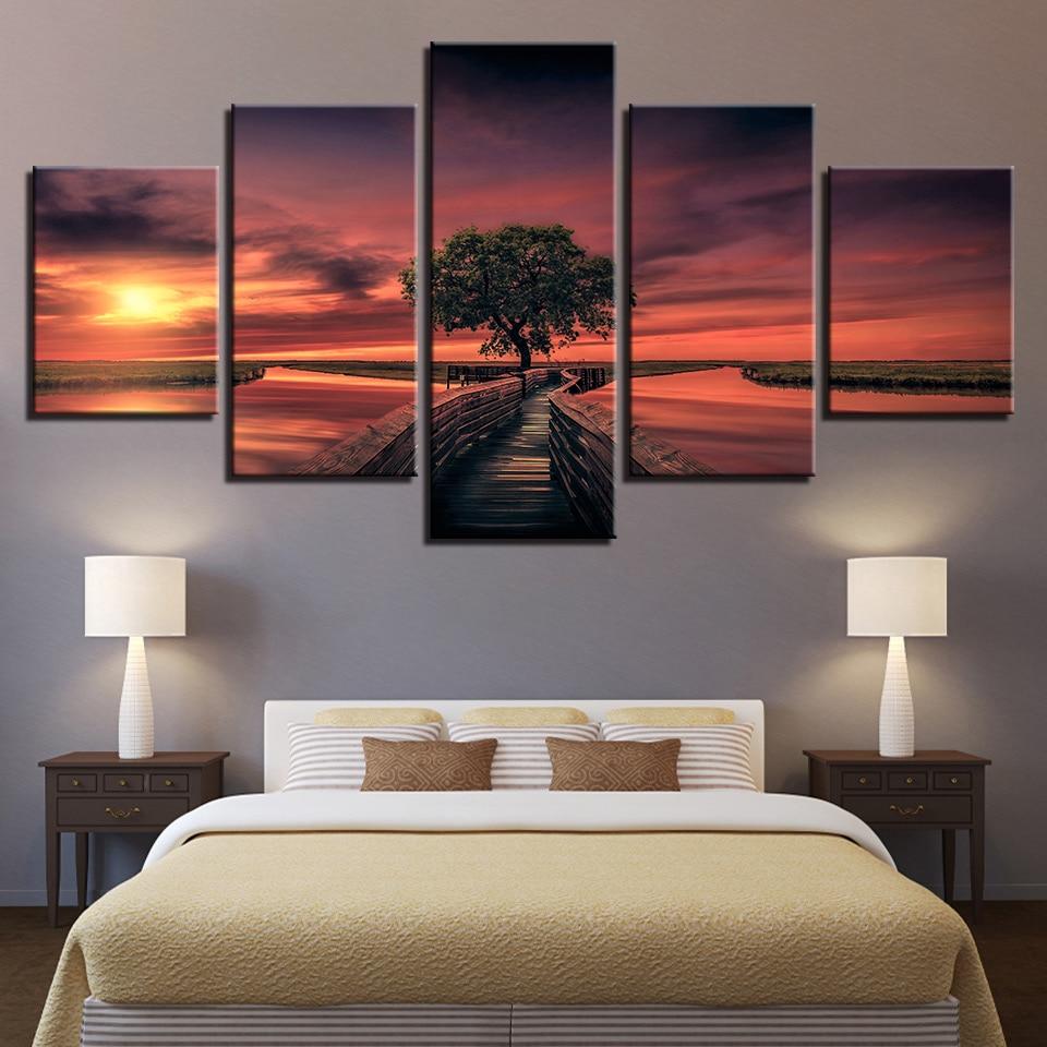 Red Sky And Tree Sunrise - Nature 5 Panel Canvas Art Wall Decor Red Sky And Tree Sunrise - Nature 5 Panel Canvas Art Wall Decor