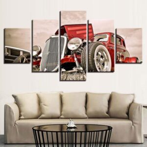 Red Street Hot Rod White - Automative 5 Panel Canvas Art Wall Decor
