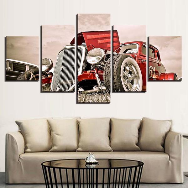 Red Street Hot Rod White - Automative 5 Panel Canvas Art Wall Decor Red Street Hot Rod White - Automative 5 Panel Canvas Art Wall Decor