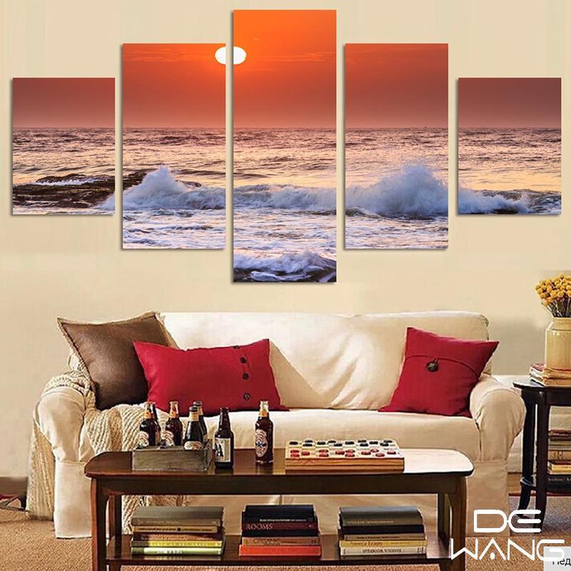 Red Sunset And Waves - Nature 5 Panel Canvas Art Wall Decor Red Sunset And Waves - Nature 5 Panel Canvas Art Wall Decor