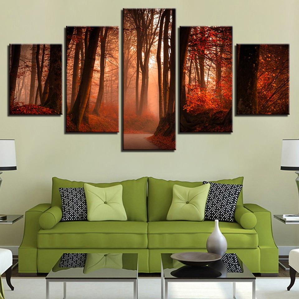 Red Tree And Forest 3 - Nature 5 Panel Canvas Art Wall Decor Red Tree And Forest 3 - Nature 5 Panel Canvas Art Wall Decor