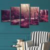Red Tree And River - Nature 5 Panel Canvas Art Wall Decor