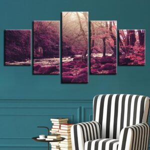 Red Tree And River - Nature 5 Panel Canvas Art Wall Decor