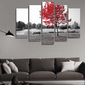 Red Tree By The Lake - Nature 5 Panel Canvas Art Wall Decor