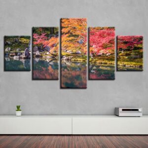 Red Tree Lake - Nature 5 Panel Canvas Art Wall Decor