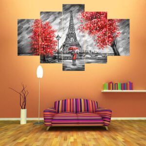 Red Tree Landscape - Abstract Nature 5 Panel Canvas Art Wall Decor