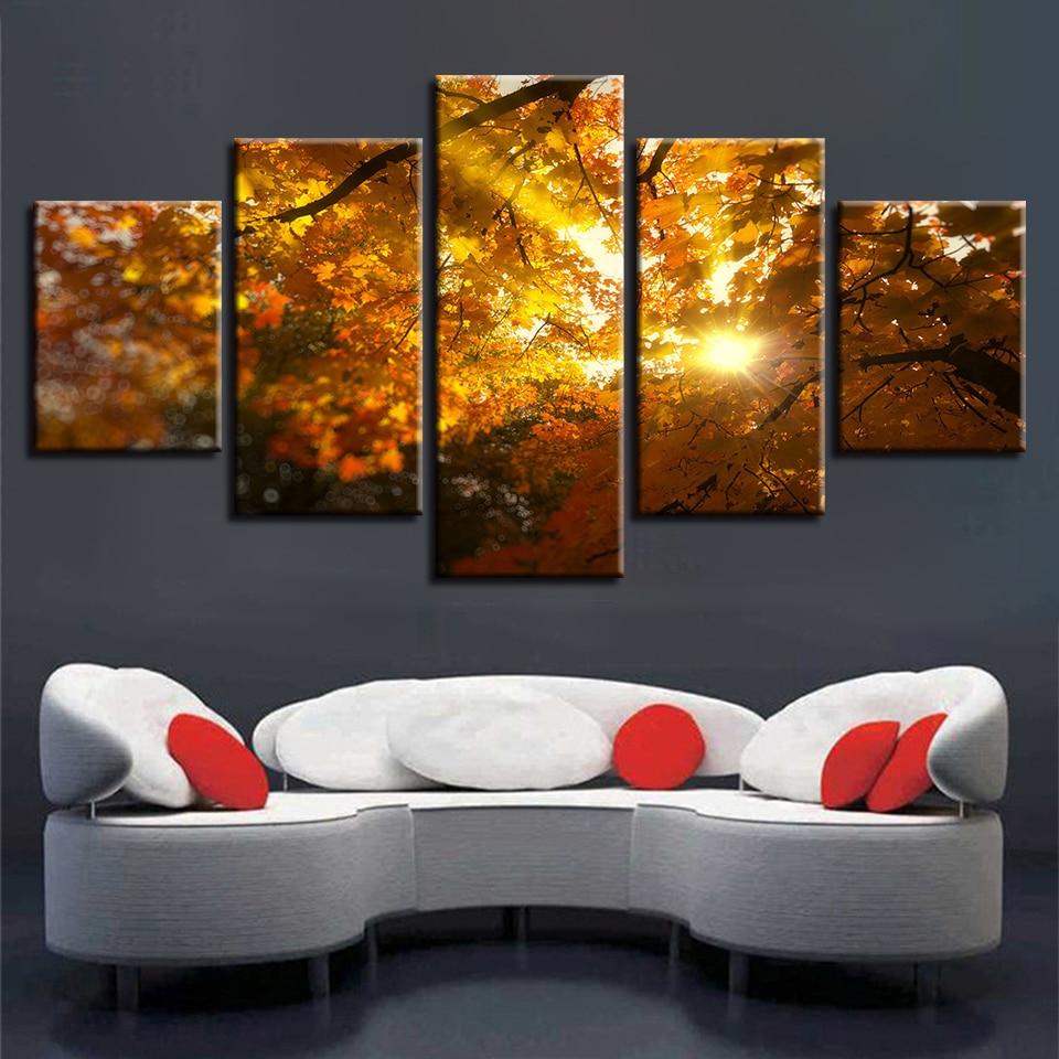 Red Tree Leaf Sunshine - Nature 5 Panel Canvas Art Wall Decor Red Tree Leaf Sunshine - Nature 5 Panel Canvas Art Wall Decor