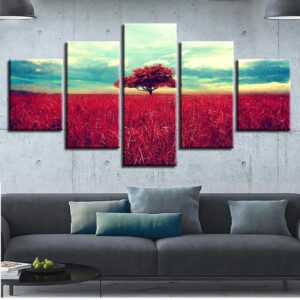 Red Tree Red Landscape - Nature 5 Panel Canvas Art Wall Decor