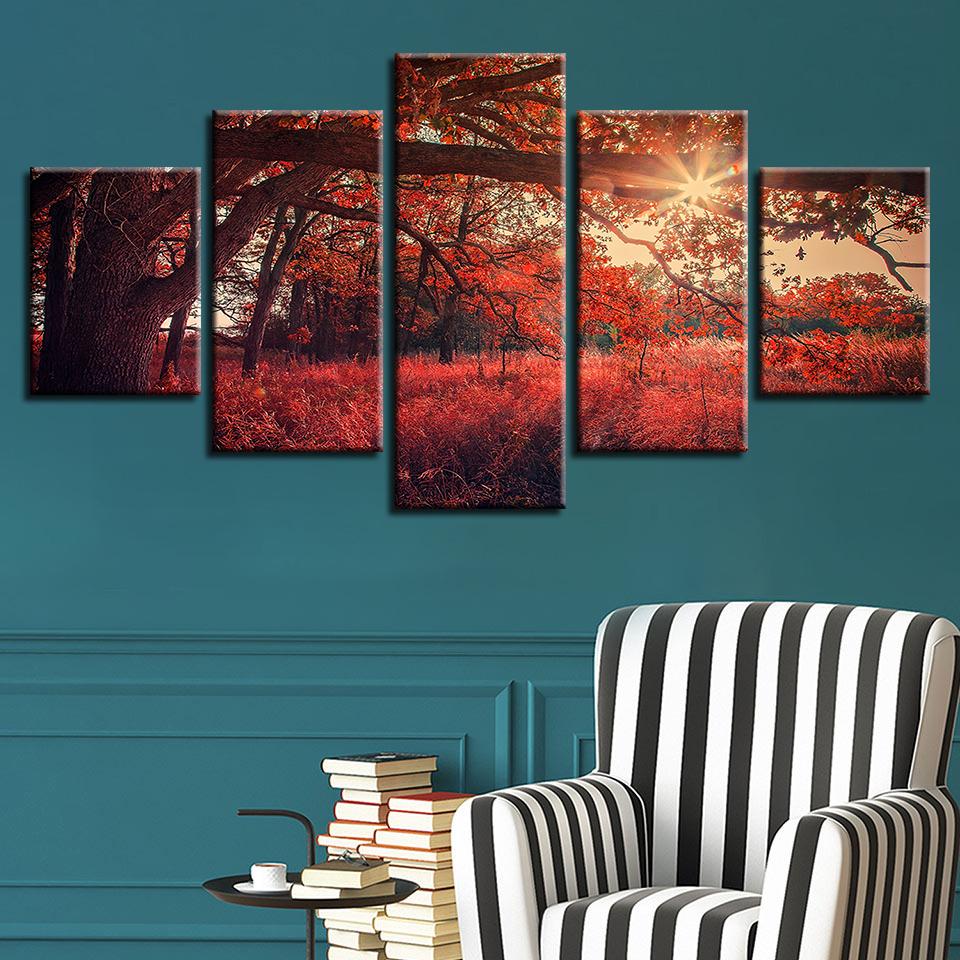 Red Tree Sunshine - Nature 5 Panel Canvas Art Wall Decor Red Tree Sunshine - Nature 5 Panel Canvas Art Wall Decor
