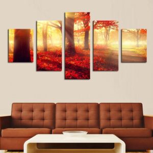 Red Trees Forest - Nature 5 Panel Canvas Art Wall Decor