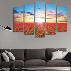 Red Tulip Field At Sunset - Nature 5 Panel Canvas Art Wall Decor