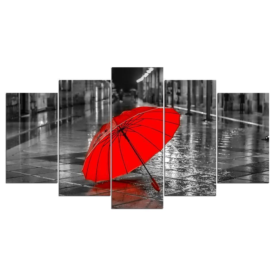 Red Umbrella Raining - Nature 5 Panel Canvas Art Wall Decor Red Umbrella Raining - Nature 5 Panel Canvas Art Wall Decor
