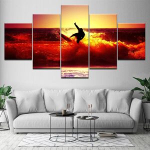 Red Waves Surfing Sunset Seascape - Sport 5 Panel Canvas Art Wall Decor