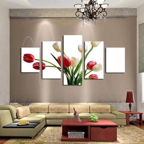 Red White Tulip Flowers - Nature 5 Panel Canvas Art Wall Decor Red White Tulip Flowers - Nature 5 Panel Canvas Art Wall Decor