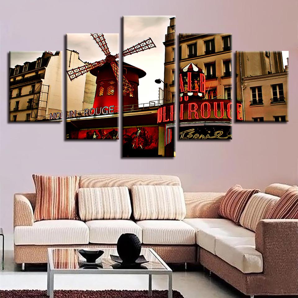 Red Windmill And Building Scenery - Nature 5 Panel Canvas Art Wall Decor Red Windmill And Building Scenery - Nature 5 Panel Canvas Art Wall Decor
