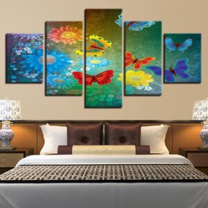 Red Yellower Blue Butterfly And Flower - Nature 5 Panel Canvas Art Wall Decor