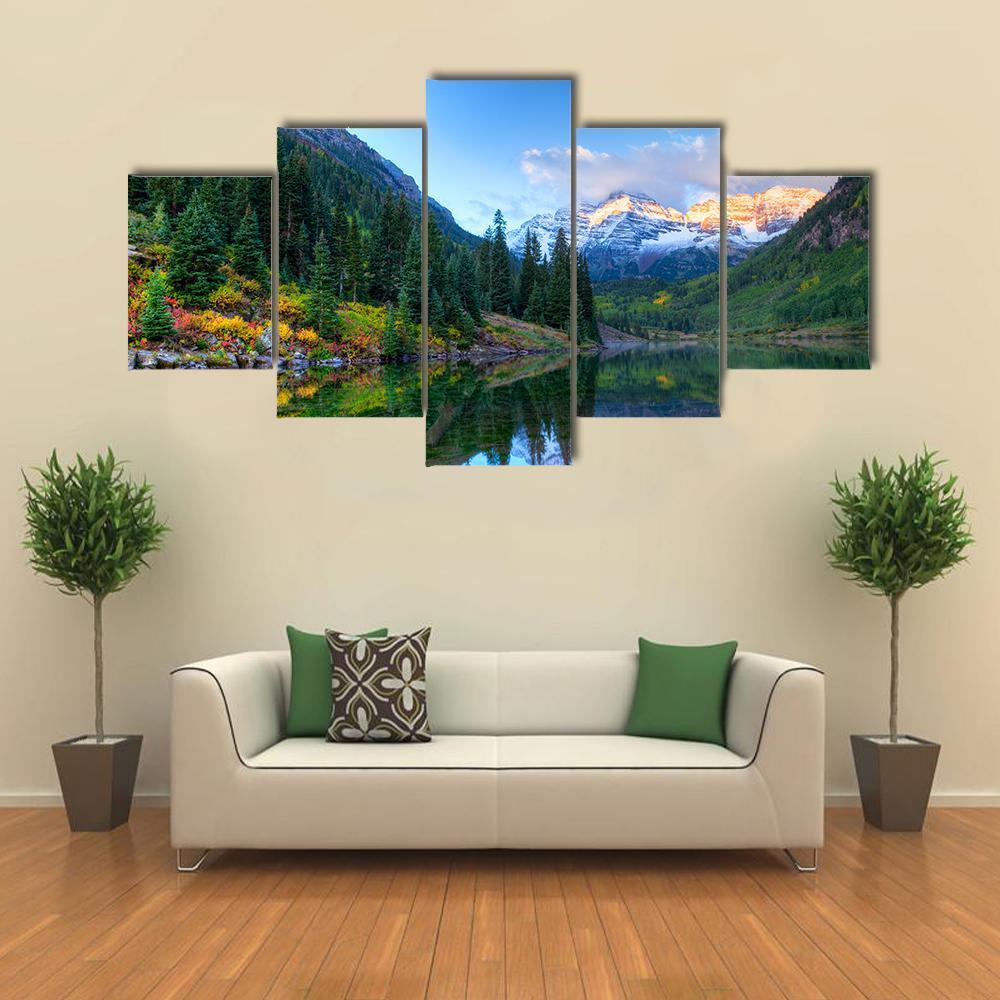 Reflection Of Snowcapped Maroon Bells In Fall - Nature 5 Panel Canvas Art Wall Decor Reflection Of Snowcapped Maroon Bells In Fall - Nature 5 Panel Canvas Art Wall Decor