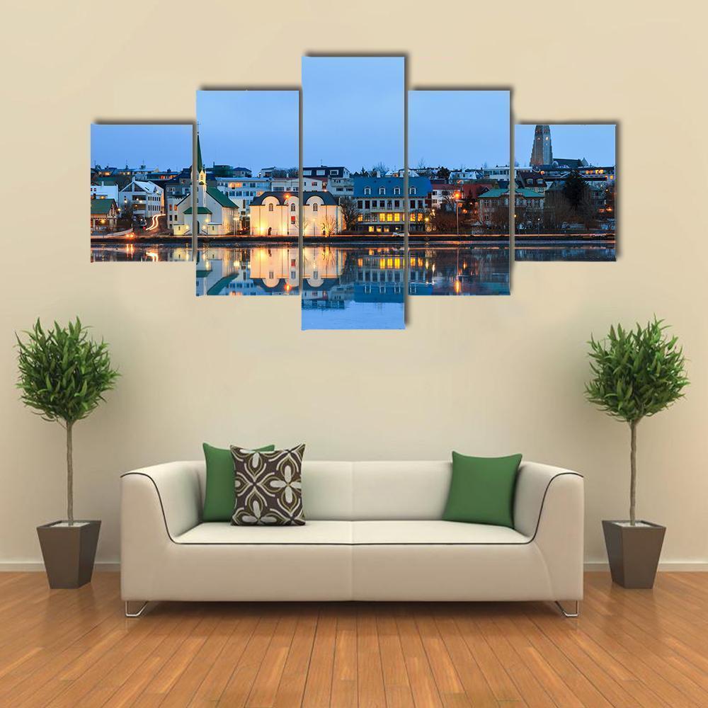 Reflection Of The Cityscape Of Reykjavik - Nature 5 Panel Canvas Art Wall Decor Reflection Of The Cityscape Of Reykjavik - Nature 5 Panel Canvas Art Wall Decor